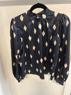 Ann Taylor Navy Blue Blouse with Cream Diamond Print